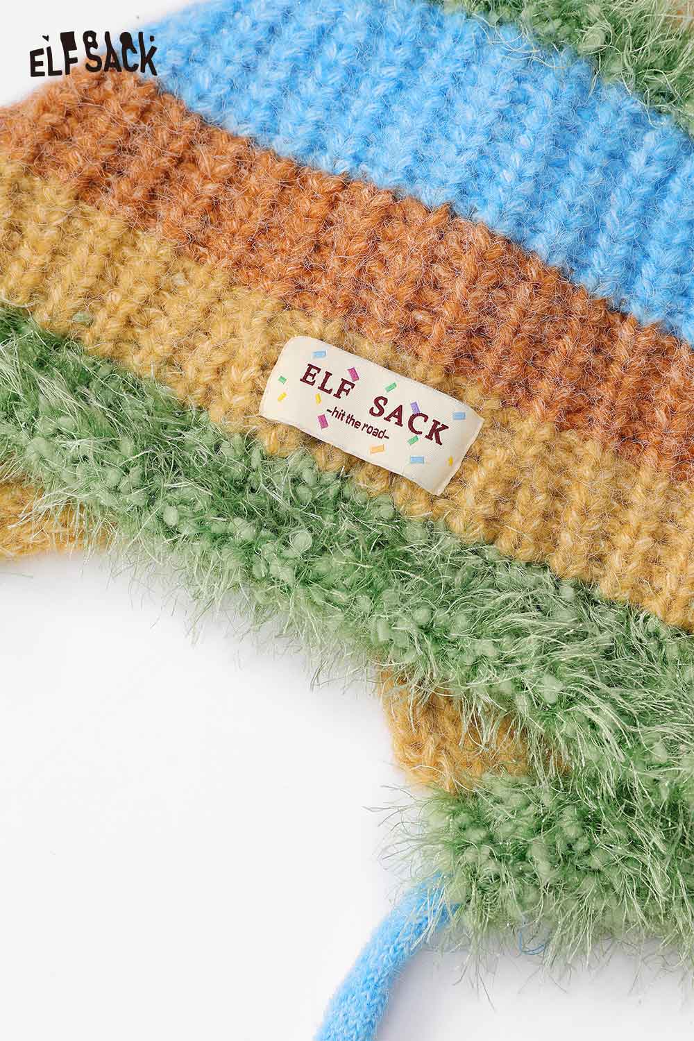 ELFSACK color block knit bucket hat featuring vibrant stripes and soft texture for a trendy look