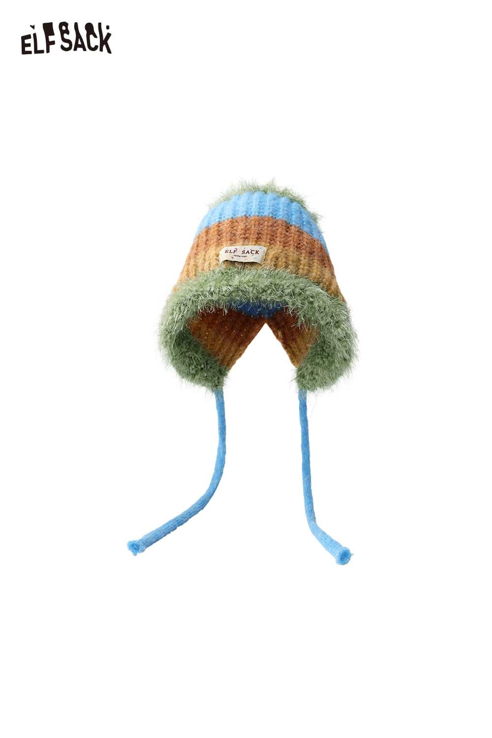 ELFSACK color block knit bucket hat with fluffy trim and ear flaps for stylish warmth