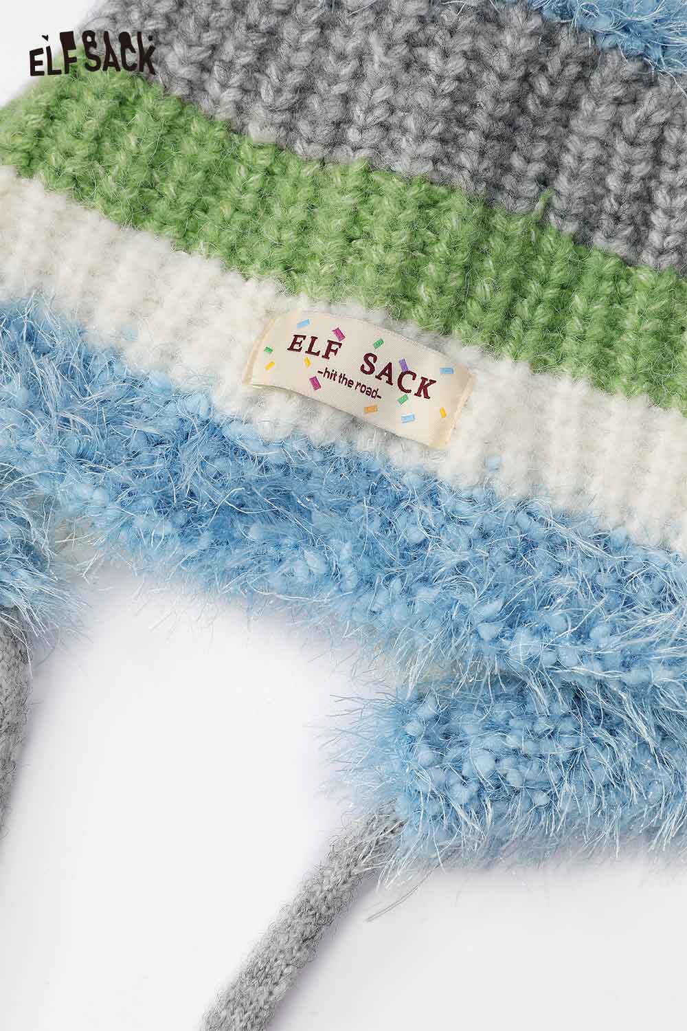 ELFSACK color block knit bucket hat in blue, gray, and green with fuzzy texture and chin straps