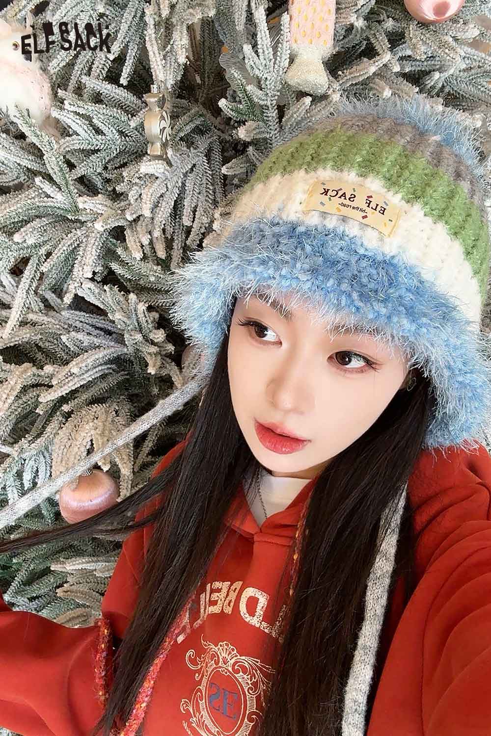 ELFSACK color block knit bucket hat with a soft, colorful design perfect for winter fashion