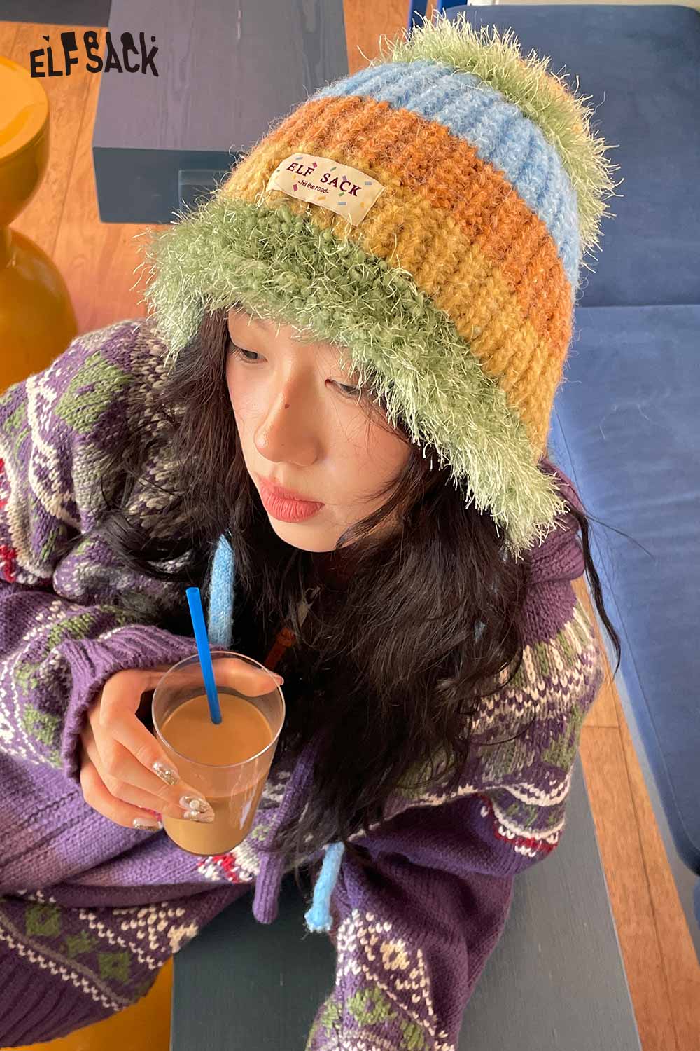 ELFSACK color block knit bucket hat with fuzzy texture and multicolor stripes, perfect for stylish winter wear