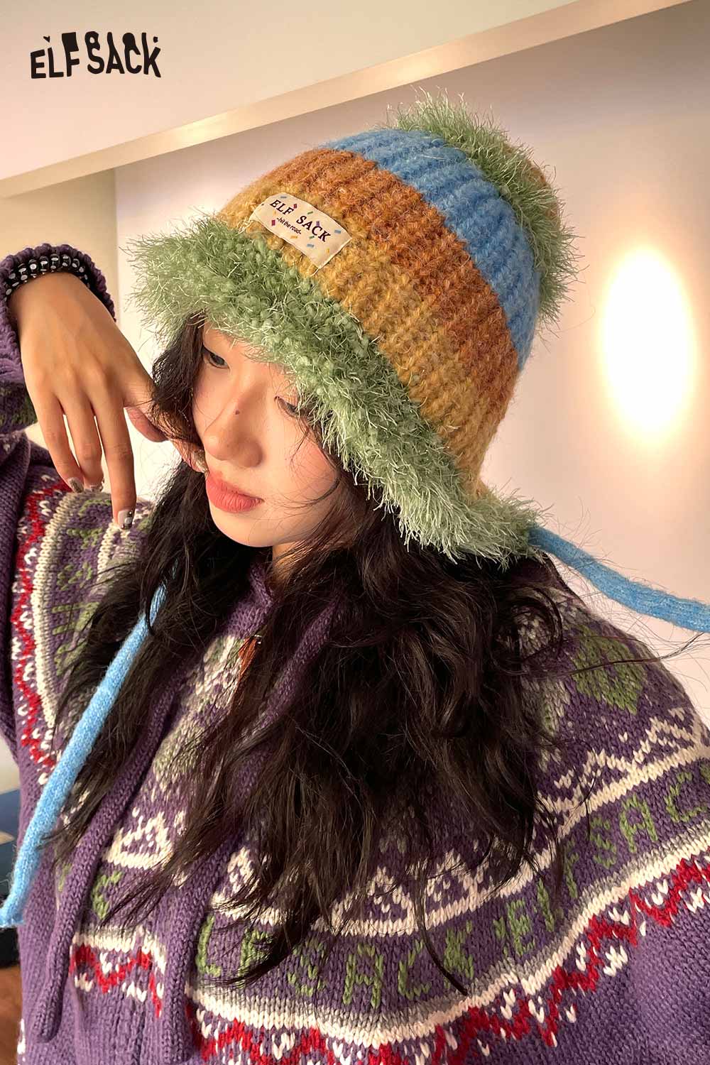 ELFSACK color block knit bucket hat with fluffy texture and playful colors for trendy winter style