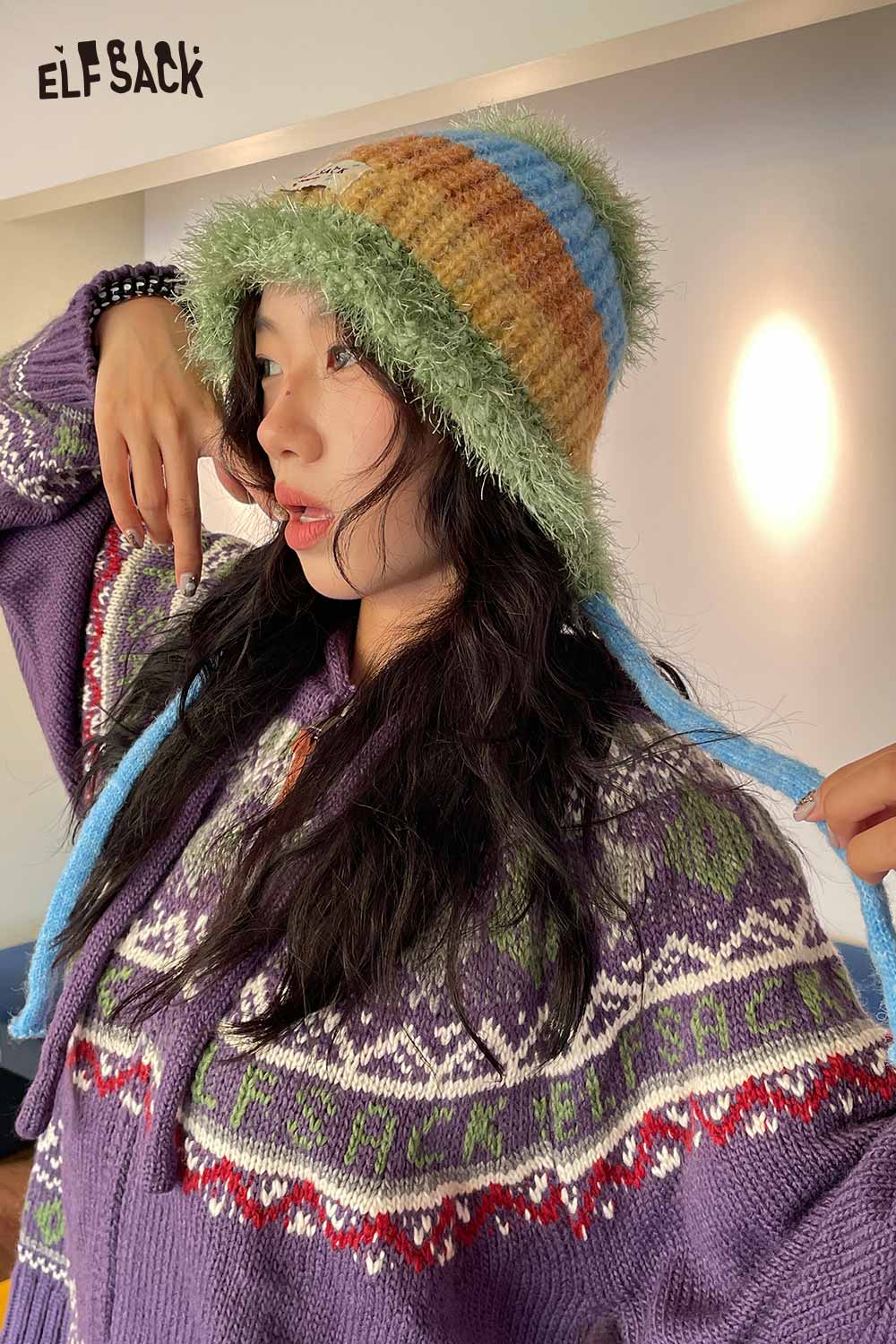 Fashionable ELFSACK color block knit bucket hat with colorful stripes and fluffy texture