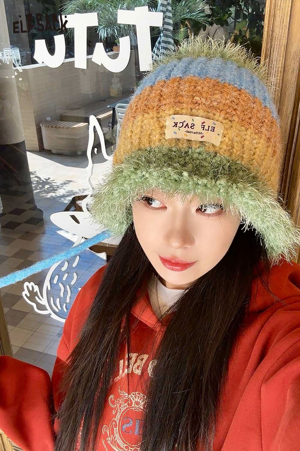 ELFSACK color block knit bucket hat with fluffy brim and stylish multicolor design