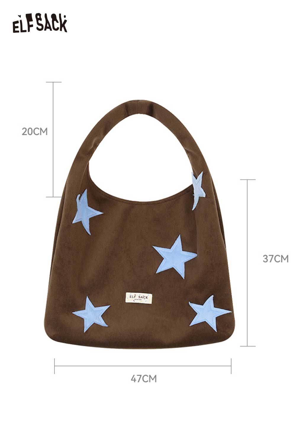 ELFSACK color block star tote bag in brown with blue star accents and spacious design