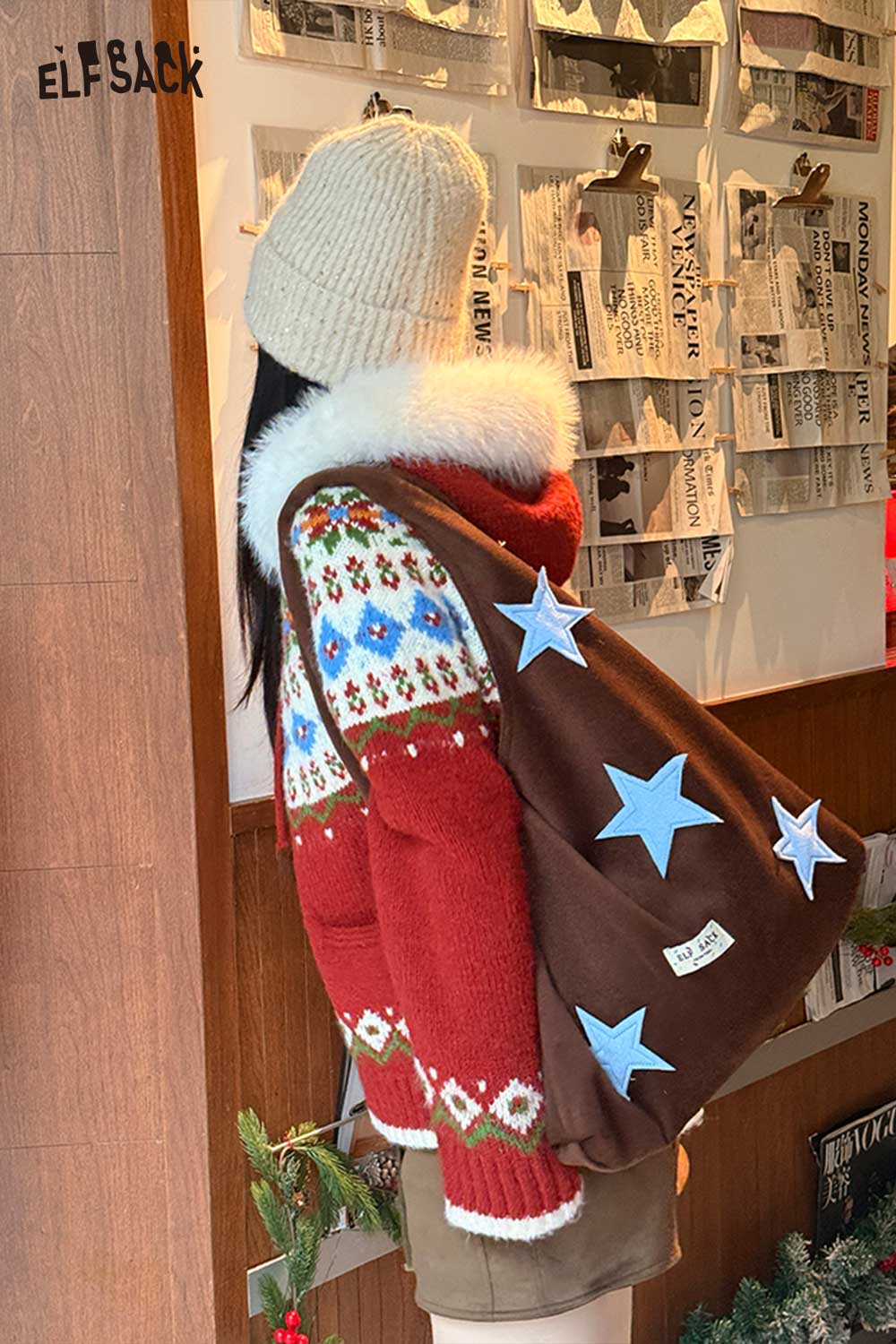 ELFSACK color block star tote bag in brown with blue stars, ideal for stylish everyday use