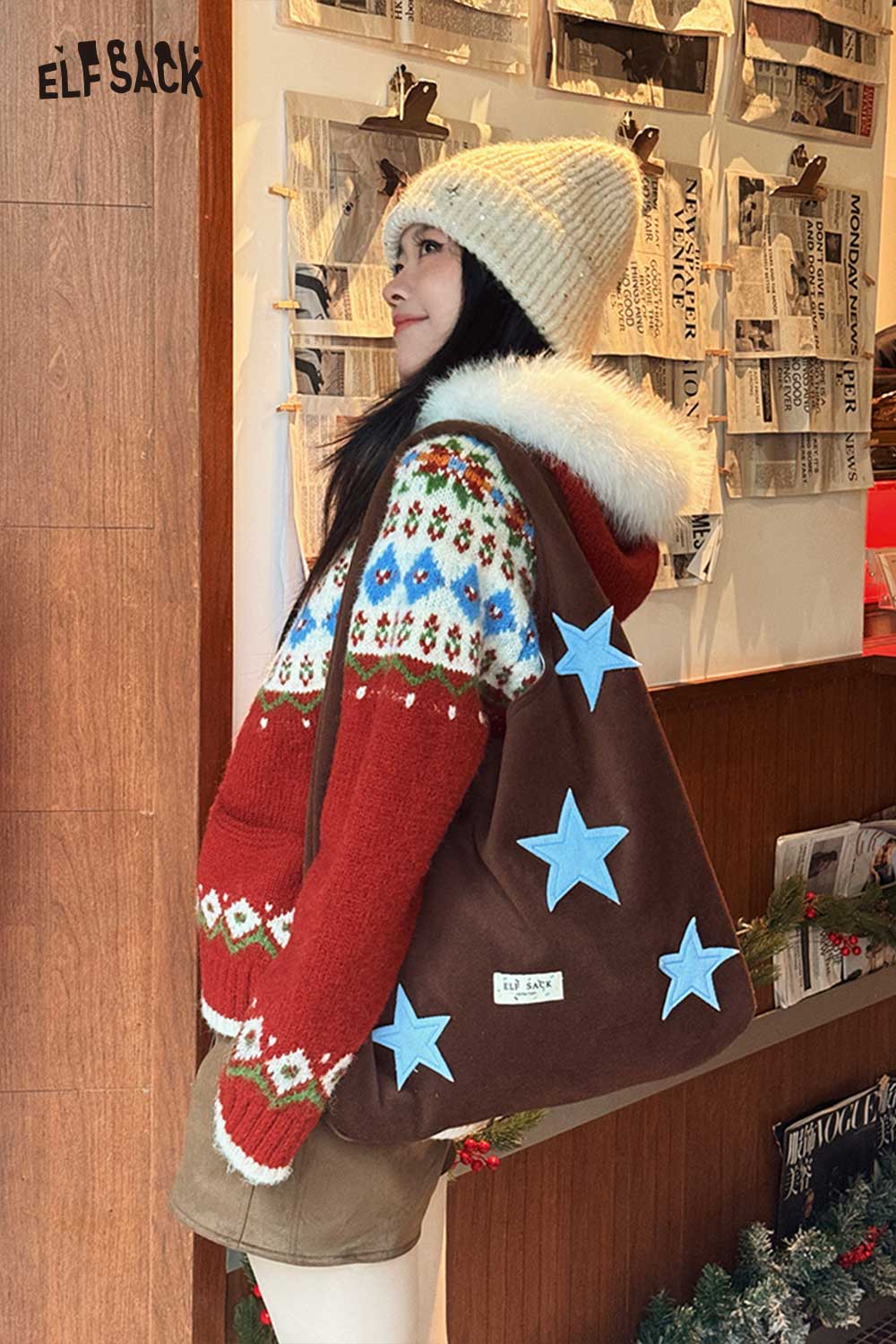 ELFSACK color block star tote bag featuring light blue stars on a brown background, stylish and versatile