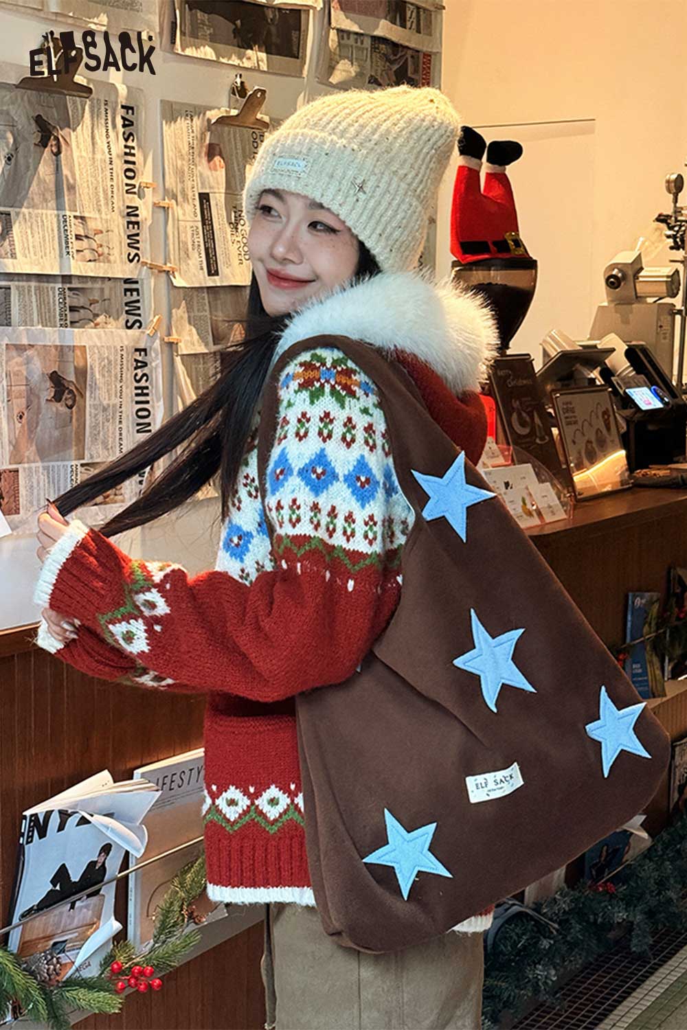 ELFSACK color block star tote bag in brown with blue stars perfect for stylish outings