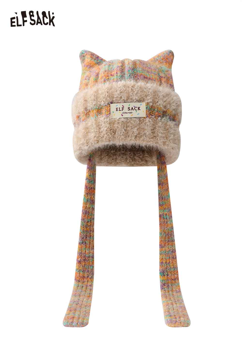 Cute cat ear beanie for women by ELFSACK with colorful design and long straps