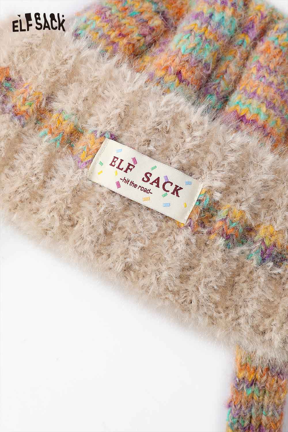 Fluffy beige cute cat ear beanie for women featuring colorful knit accents by ELFSACK