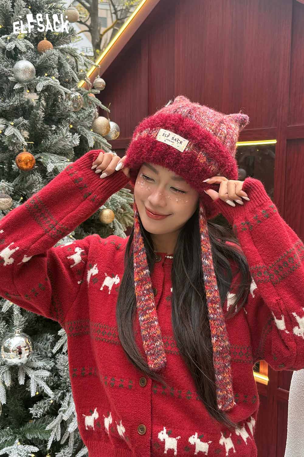 ELFSACK cute cat ear beanie for women with colorful pattern and ties, ideal for winter fashion