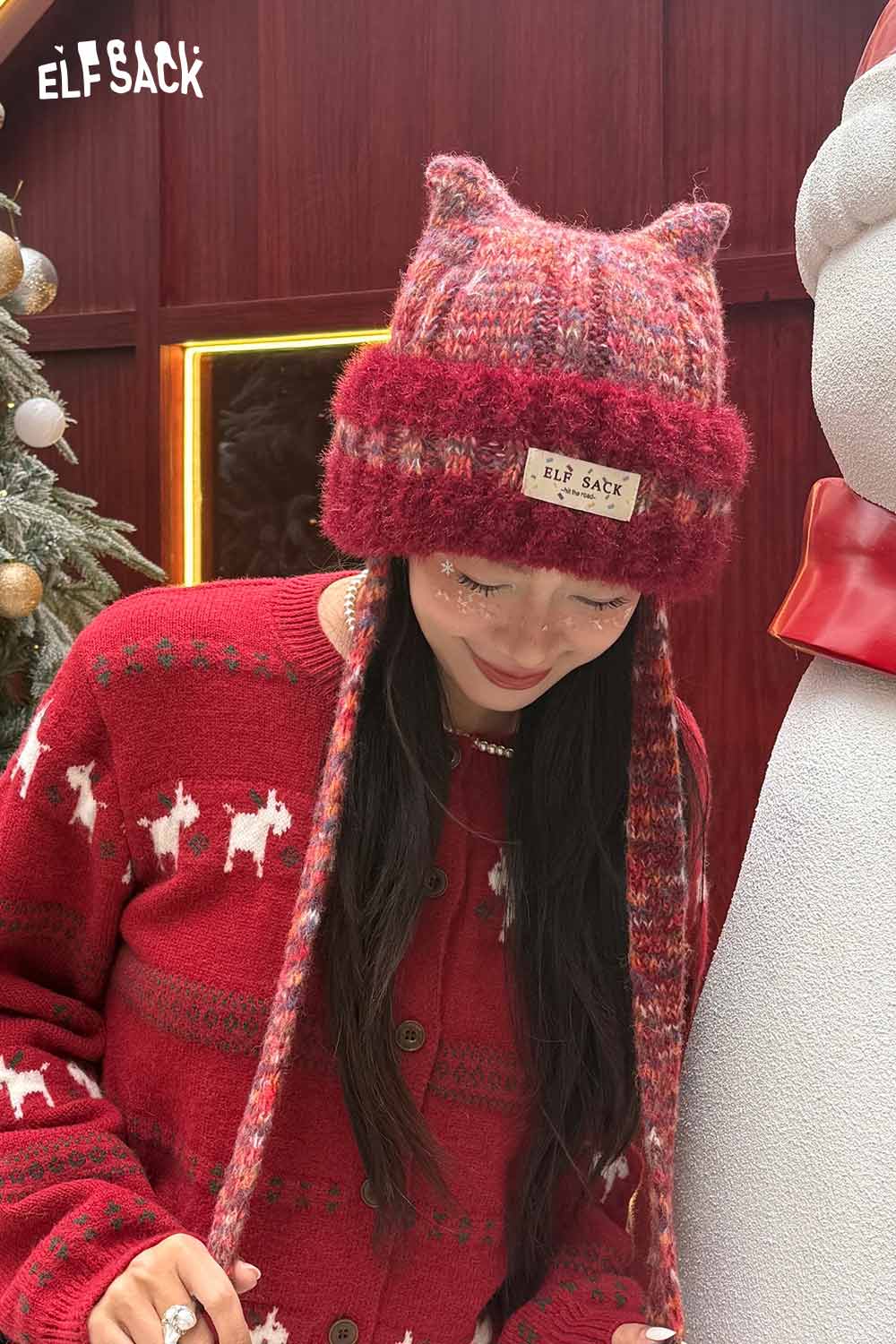 Cute cat ear beanie for women in red and pink colors, featuring playful ears and knit design