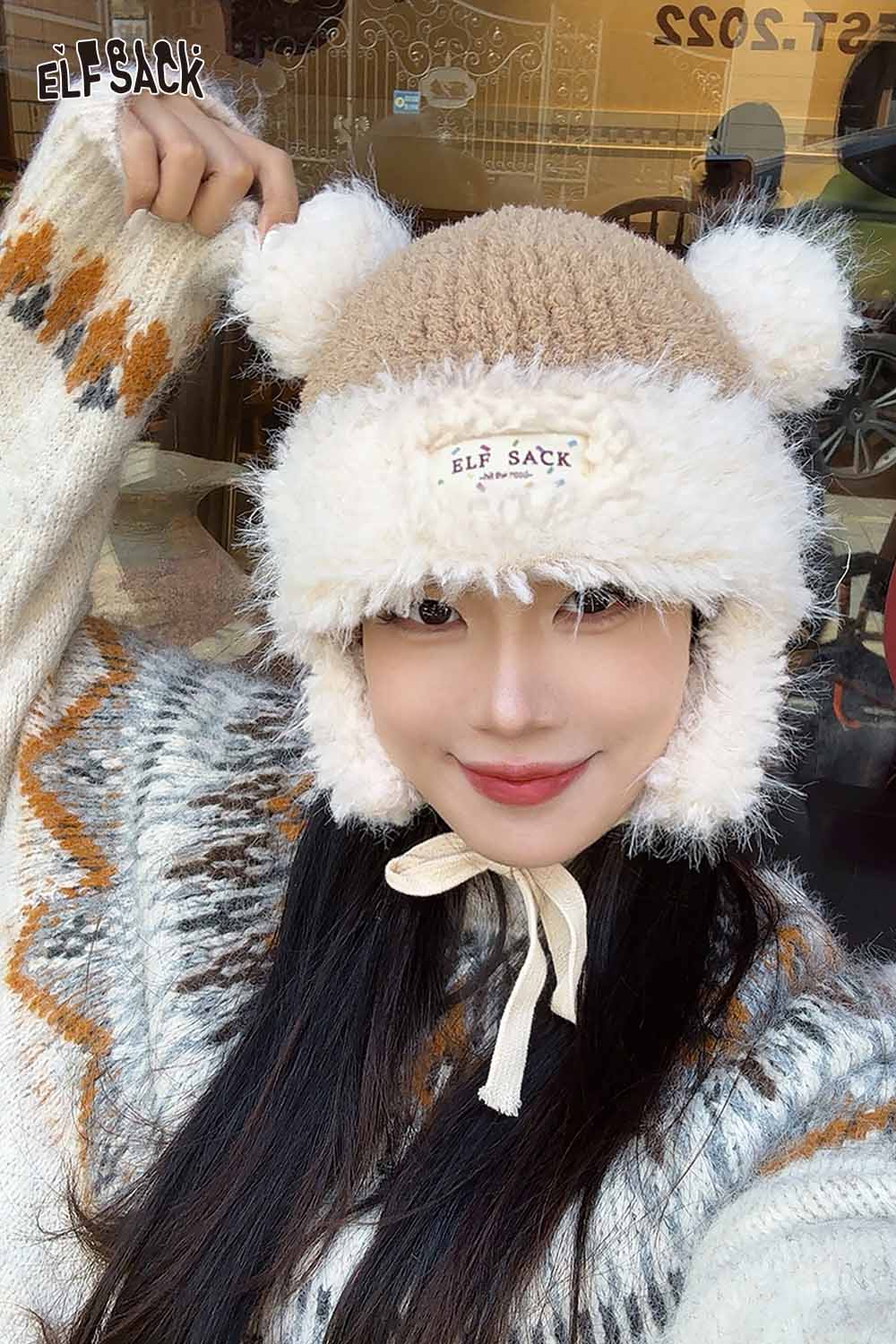 ELFSACK cute plush ear flap hat in beige with bear ears, perfect for winter fashion