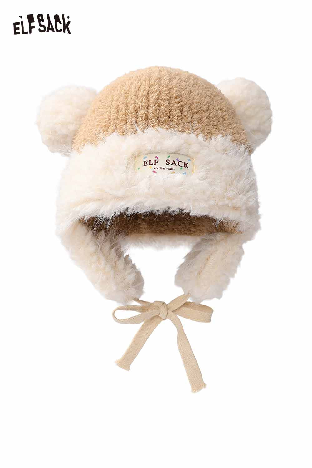 ELFSACK cute plush ear flap hat with tie straps and playful bear ears for cozy winter style