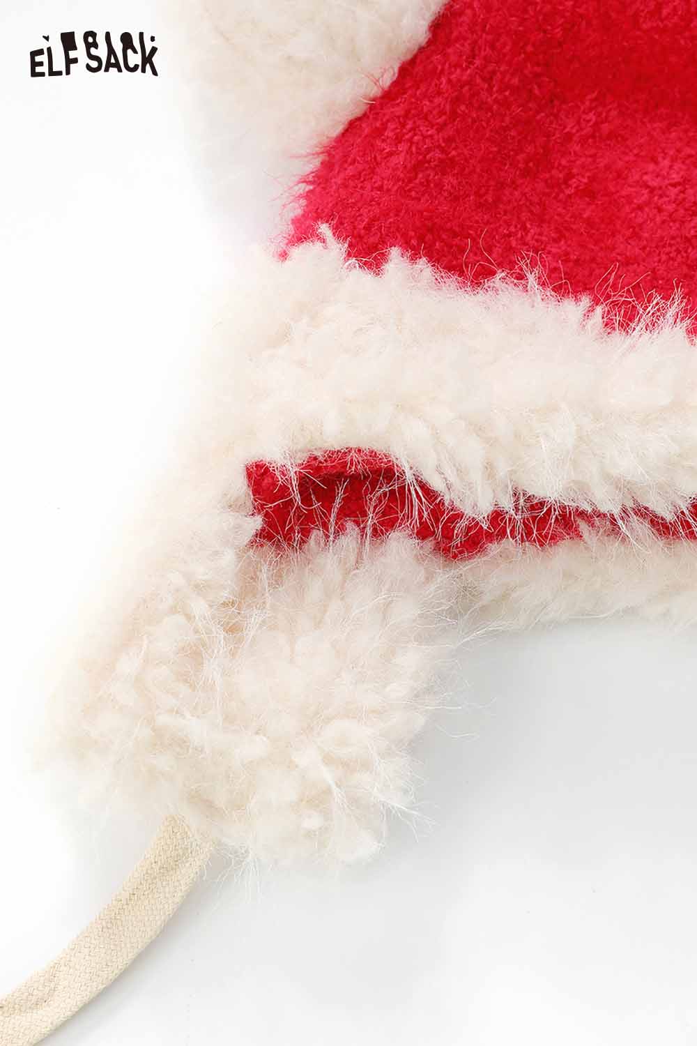 ELFSACK cute plush ear flap hat in red and white fluffy fabric for warmth and style
