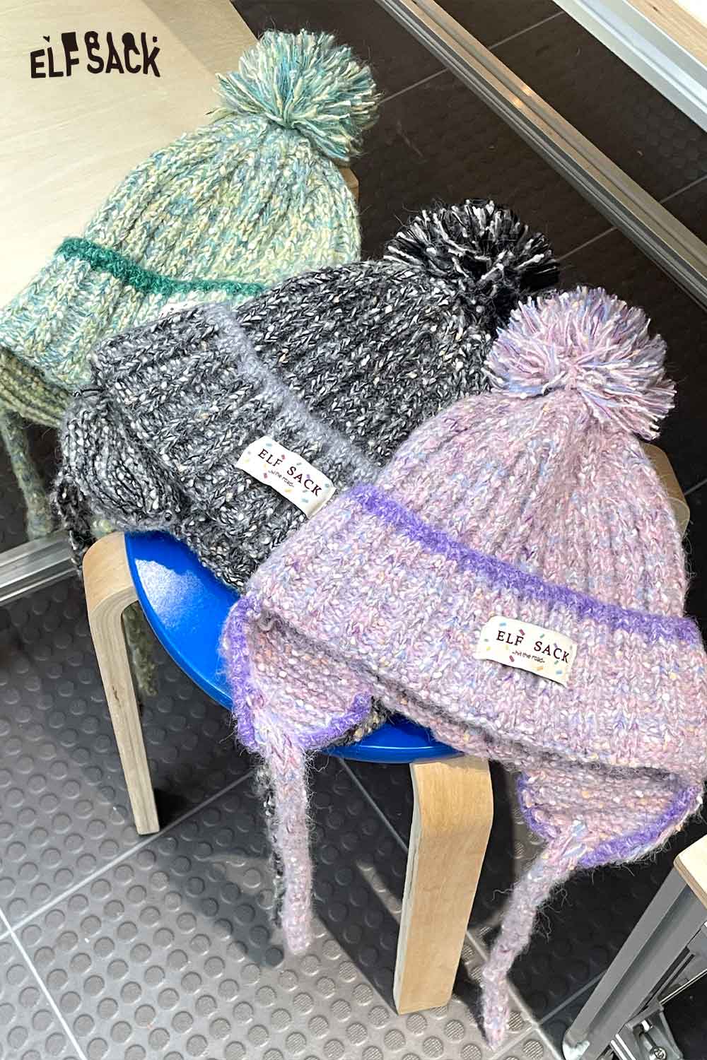 Cute striped pom beanie for women in three colors: gray, purple, and blue-green with a cozy design