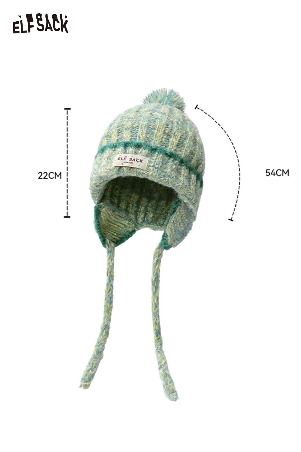 Cute striped pom beanie for women in blue and green with ear flaps and ties
