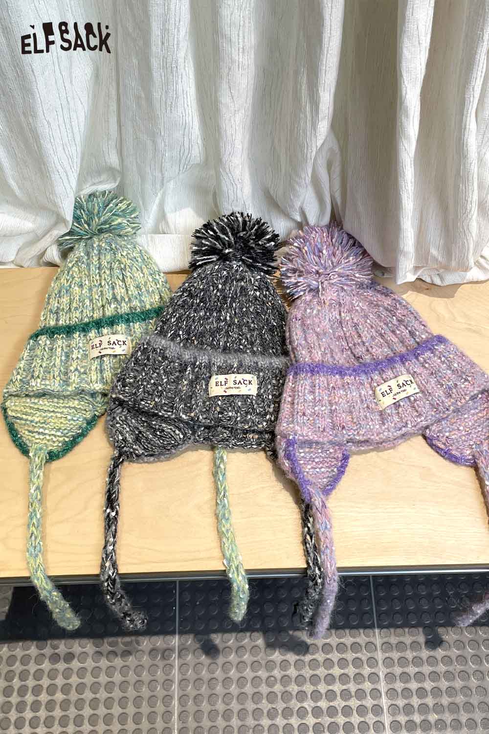 ELFSACK cute striped pom beanie for women in green, black, and purple styles with ear flaps