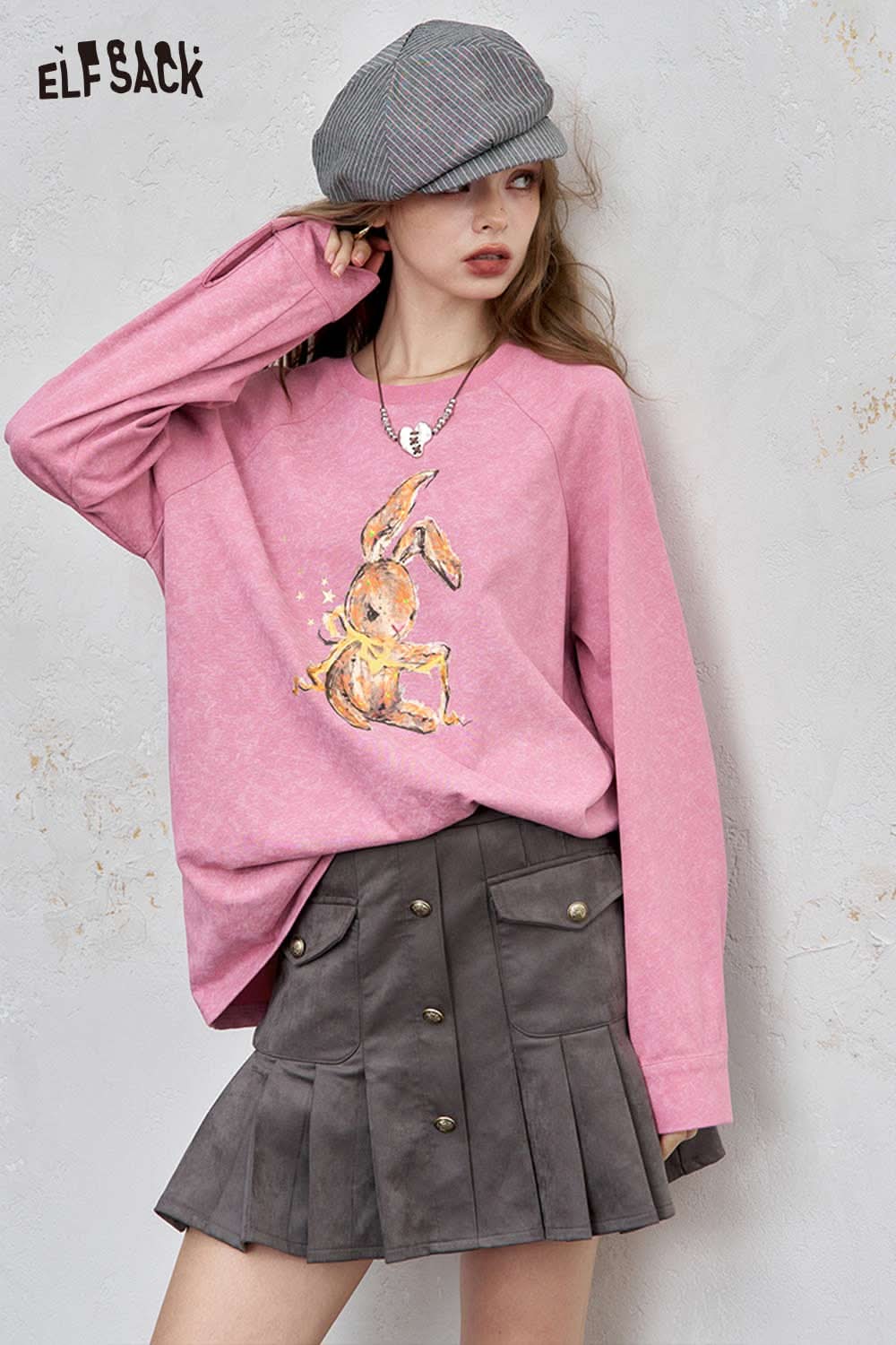 ELFSACK organic cotton embroidered long sleeve tee in pink featuring a cute rabbit design