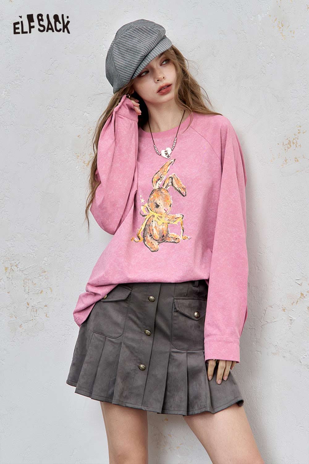 ELFSACK organic cotton embroidered long sleeve tee in pink with a unique bunny design