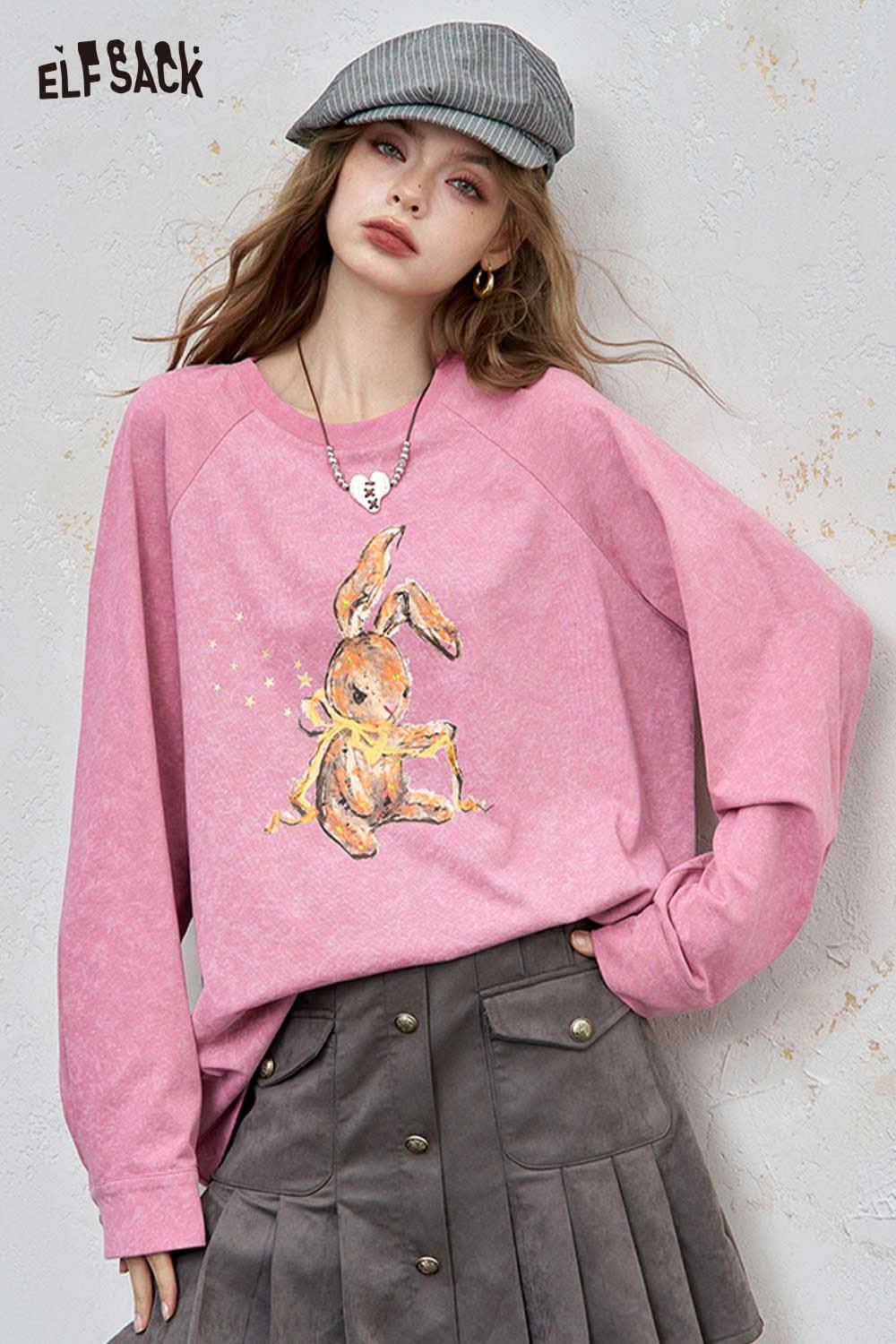 ELFSACK organic cotton embroidered long sleeve tee in pink featuring a cute bunny design