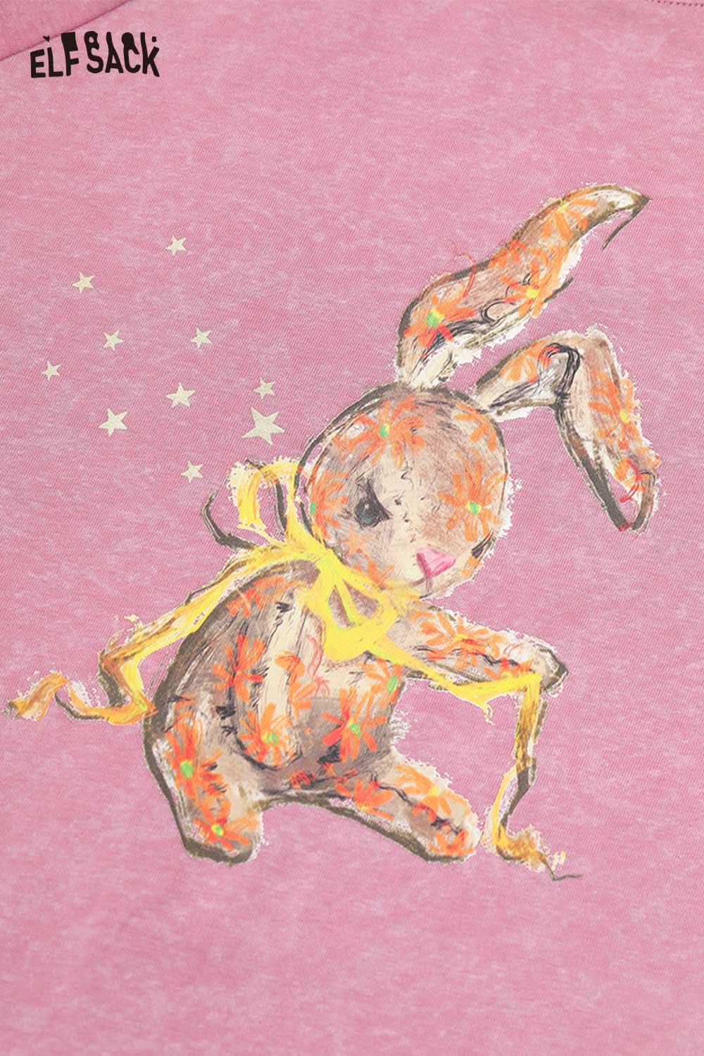 ELFSACK organic cotton embroidered long sleeve tee featuring a cute bunny design on a pink background