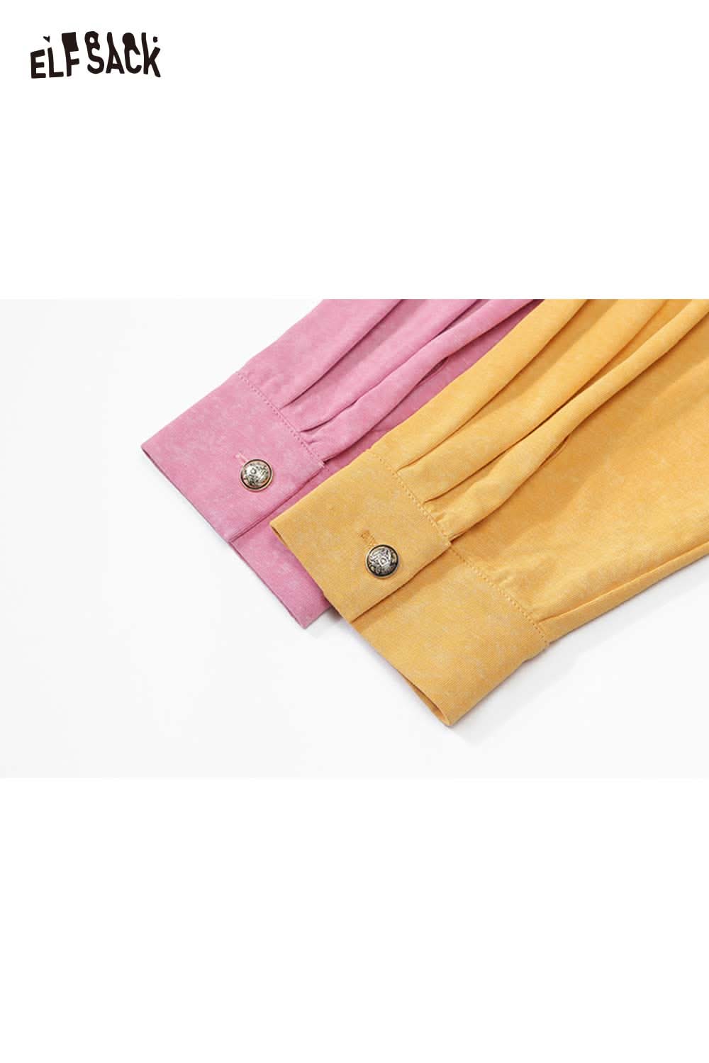 ELFSACK organic cotton embroidered long sleeve tee with stylish buttoned cuffs in pink and yellow