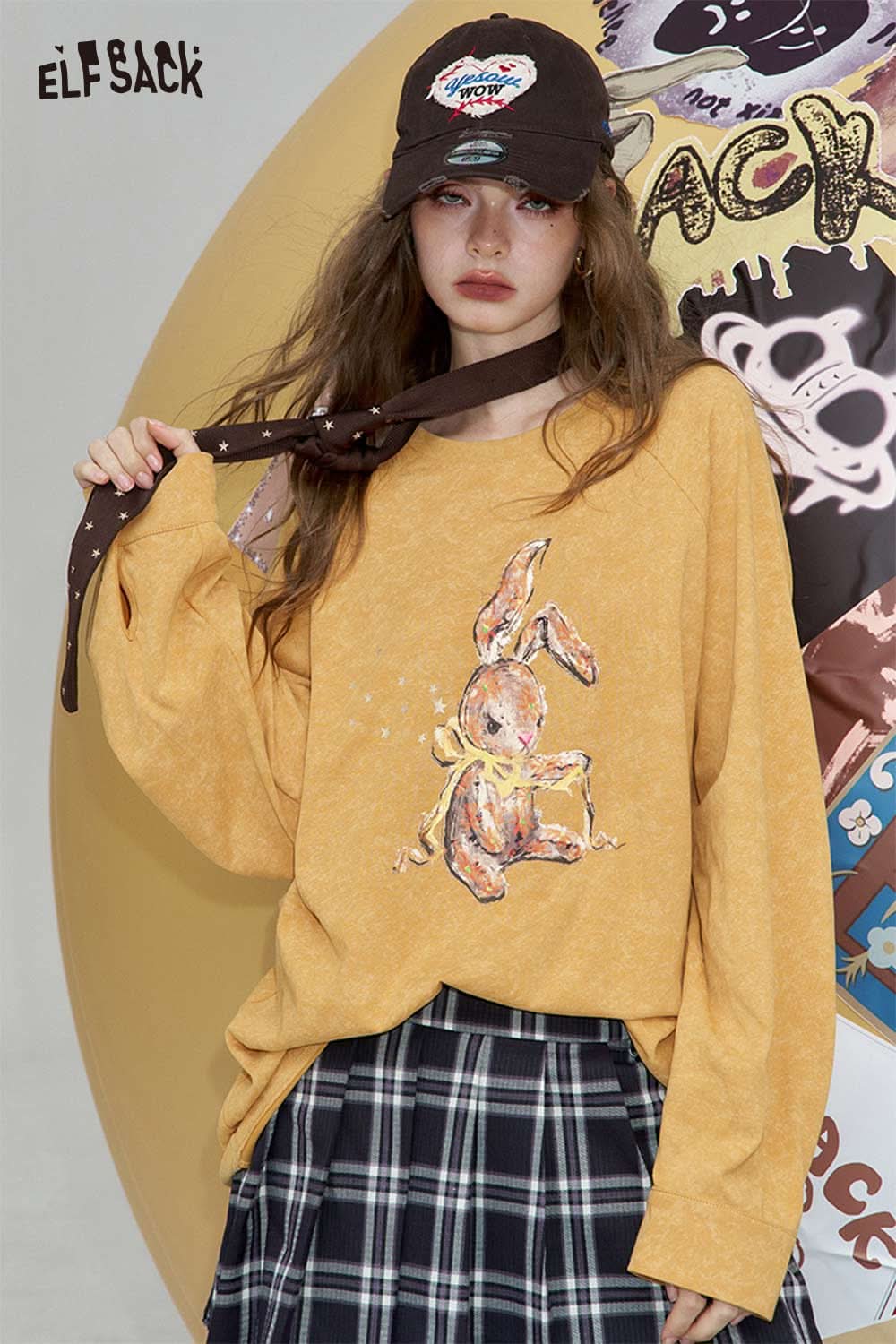 ELFSACK organic cotton embroidered long sleeve tee featuring a cute bunny design in yellow