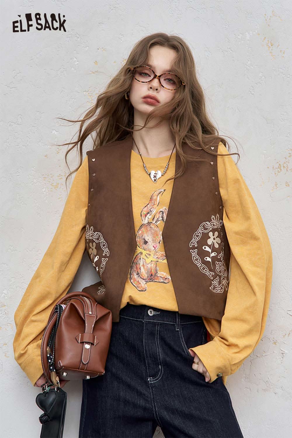 ELFSACK Organic Cotton Embroidered Long Sleeve Tee in yellow with whimsical bunny design and brown vest