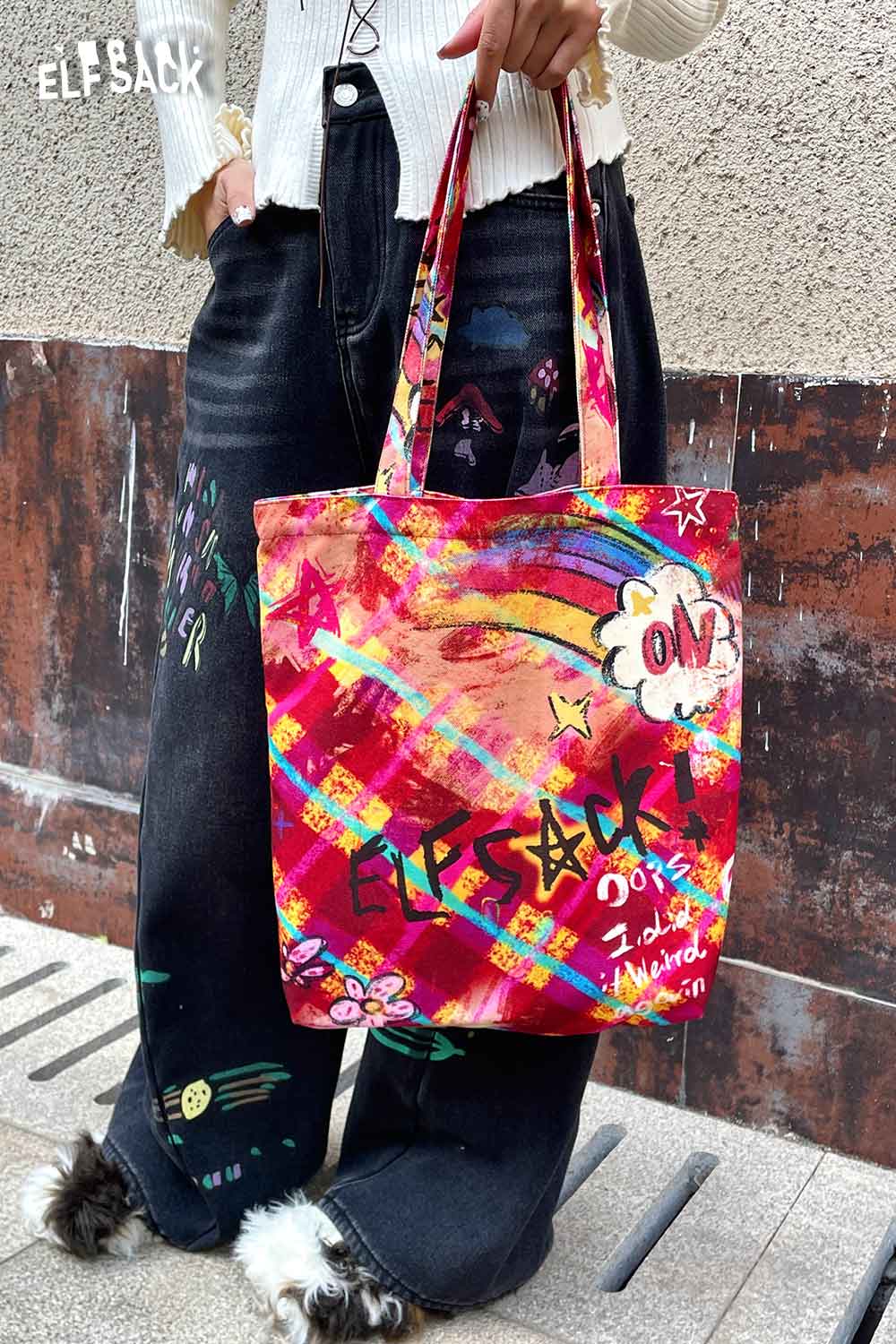 ELFSACK plaid graffiti tote bag featuring vibrant colors and unique artistic designs