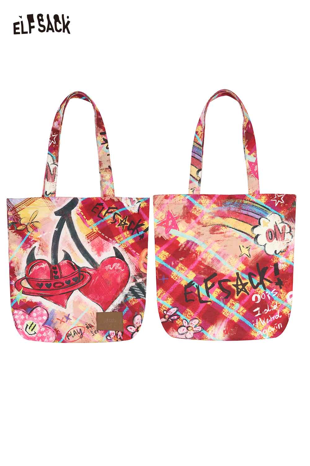 ELFSACK plaid graffiti tote bag with colorful designs and durable handles for stylish everyday use
