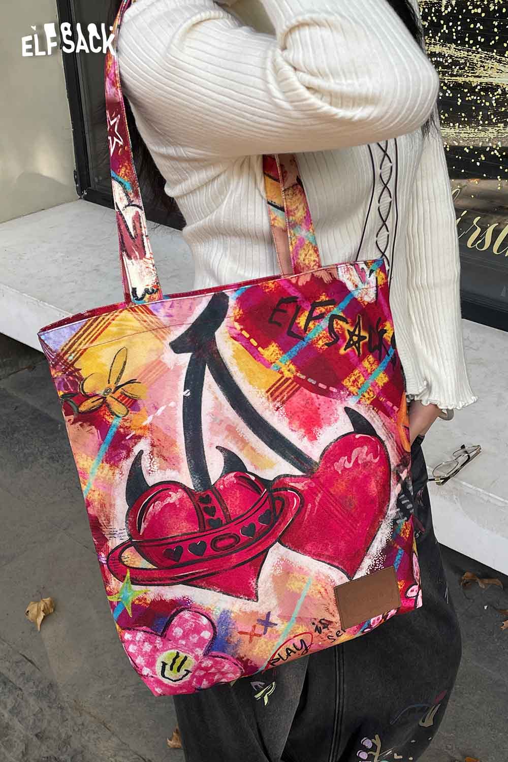 ELFSACK Plaid Graffiti Tote Bag with Vibrant Colors and Unique Artistic Design