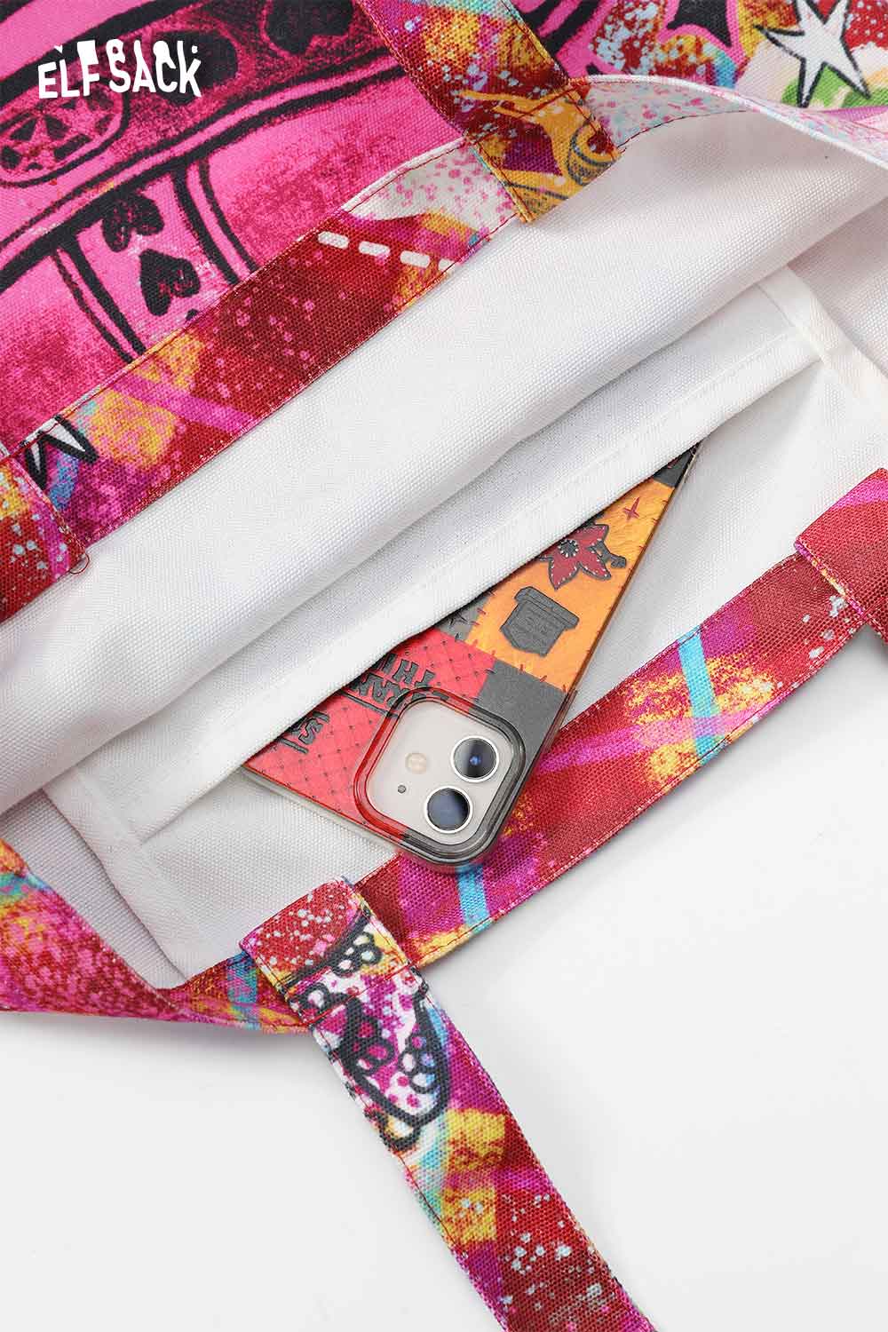 Inside view of a plaid graffiti tote bag with a smartphone visible in the pocket