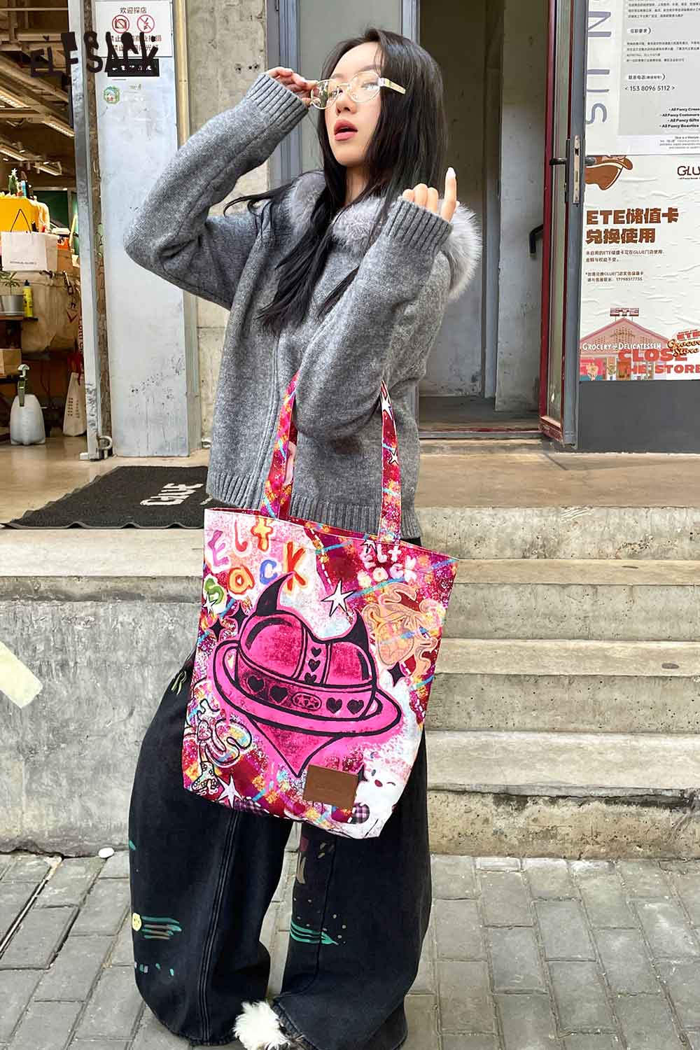 ELFSACK plaid graffiti tote bag with colorful designs, perfect for trendy casual outings