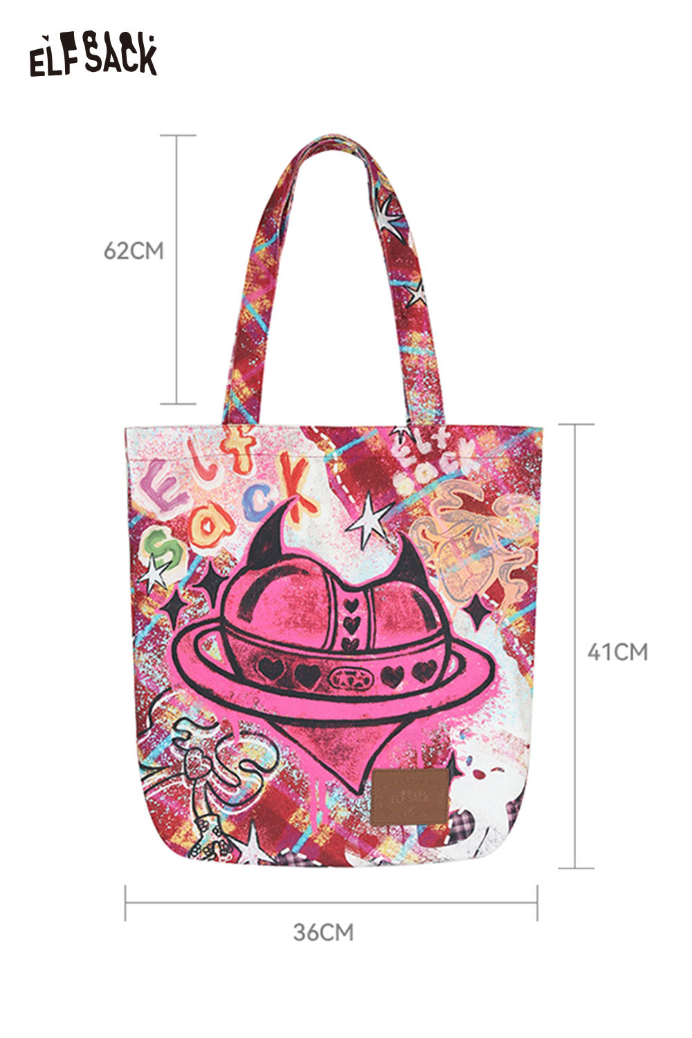 ELFSACK plaid graffiti tote bag featuring vibrant colors and playful patterns for stylish outings