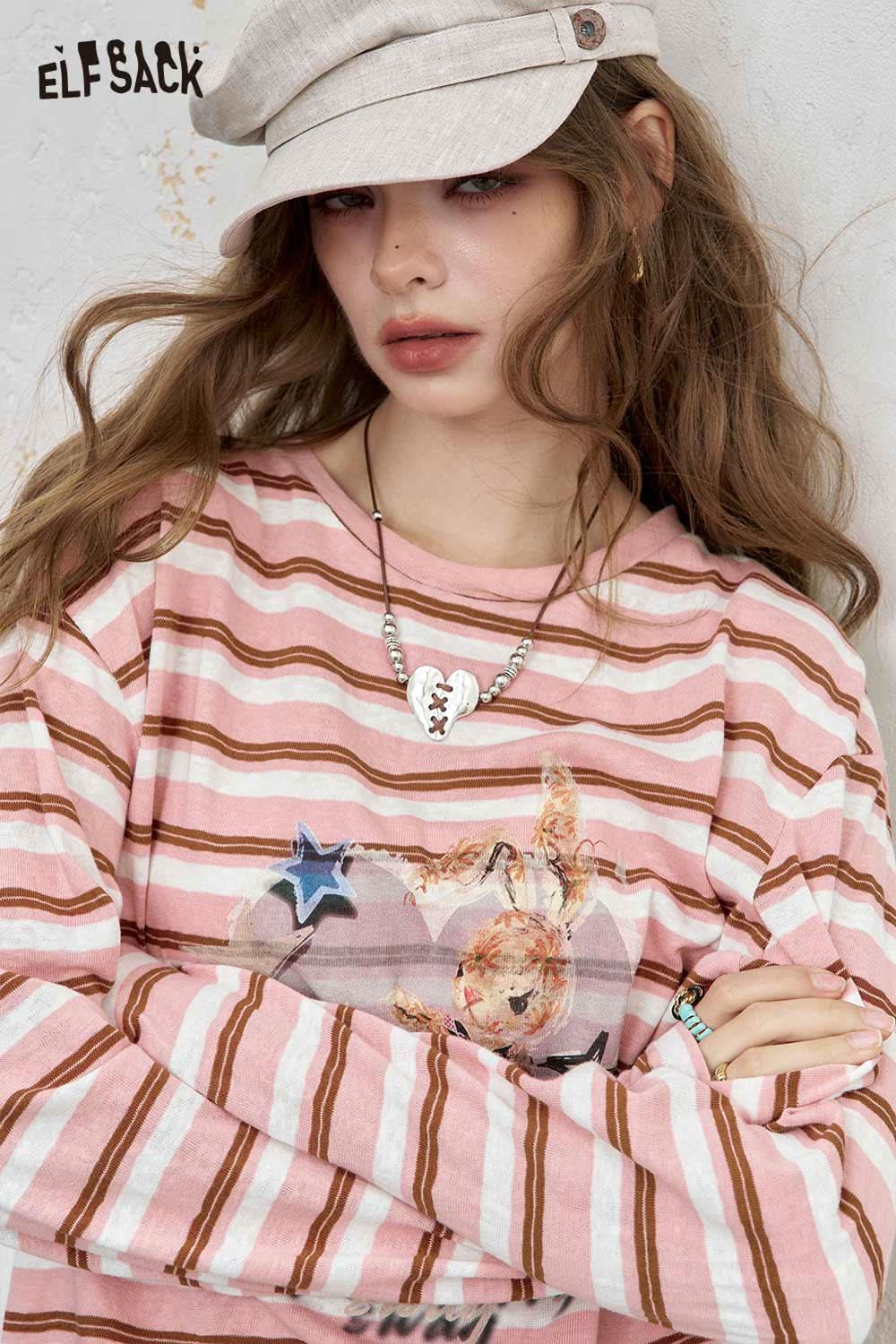 ELFSACK playful embroidered stripe shirt with pink and white stripes and playful bunny design