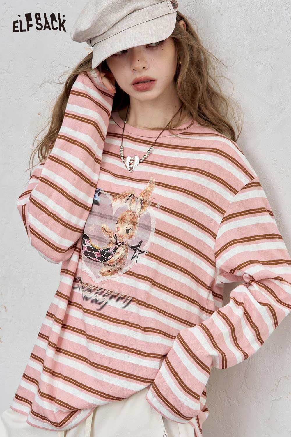 ELFSACK playful embroidered stripe shirt in pink and white with long sleeves and playful graphics