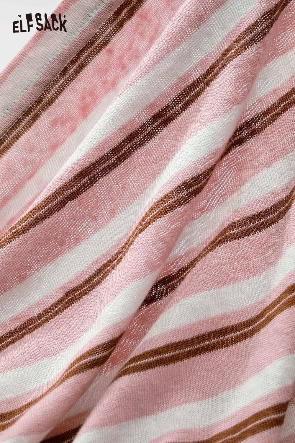 ELFSACK playful embroidered stripe shirt in pink and brown with soft fabric texture