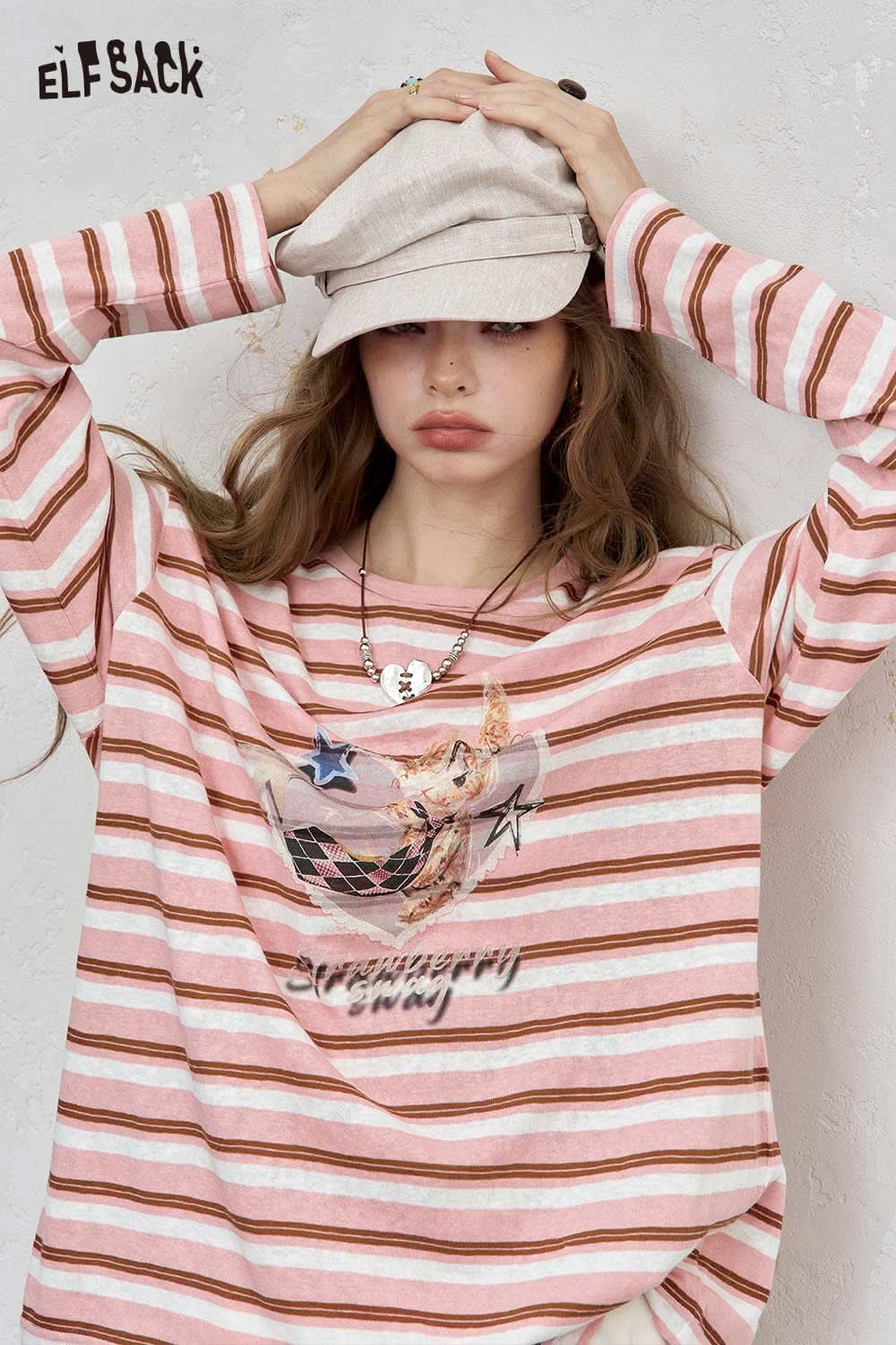 ELFSACK playful embroidered stripe shirt in pink with graphic design and long sleeves