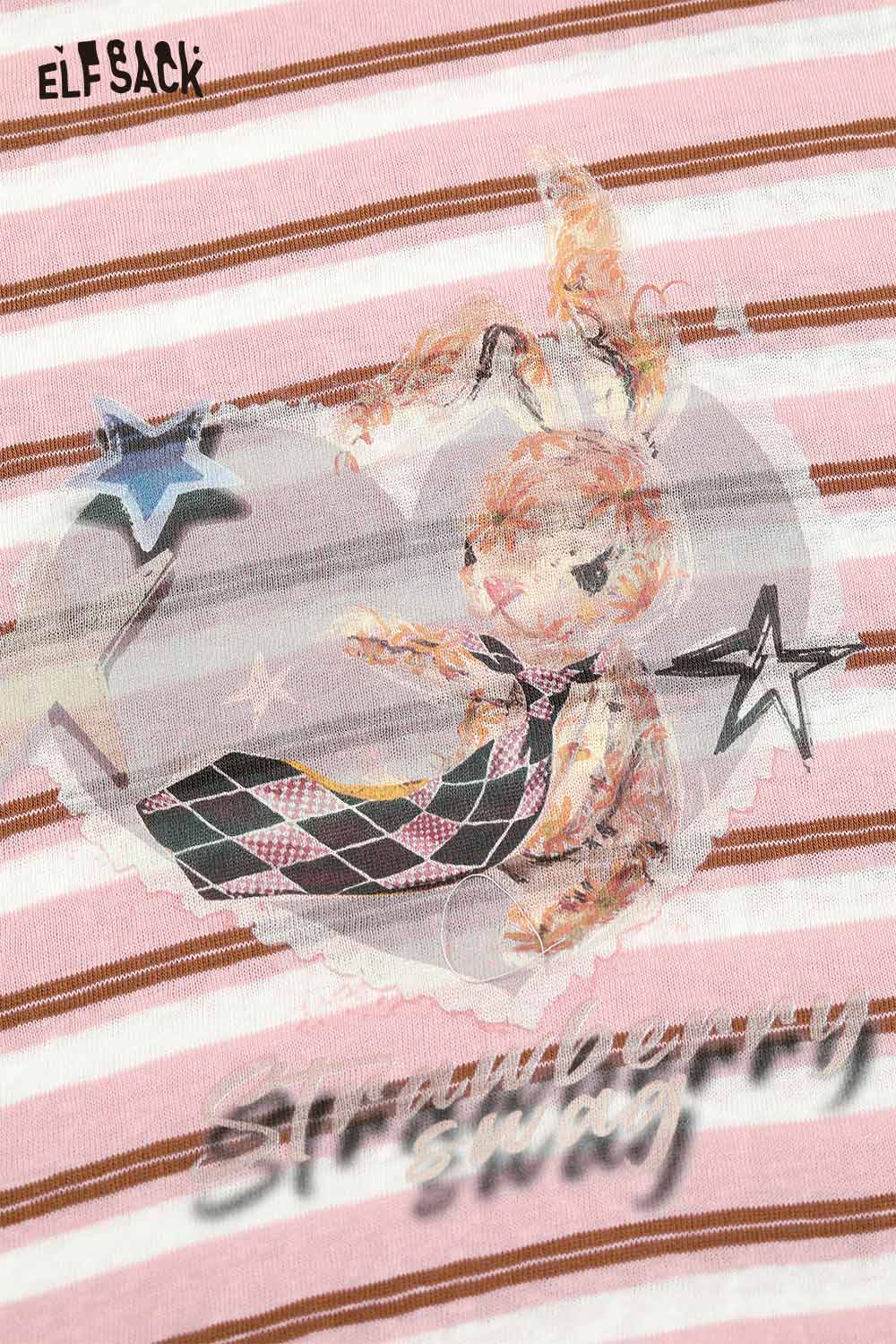 Playful embroidered stripe shirt from ELFSACK featuring a whimsical bunny design on soft fabric