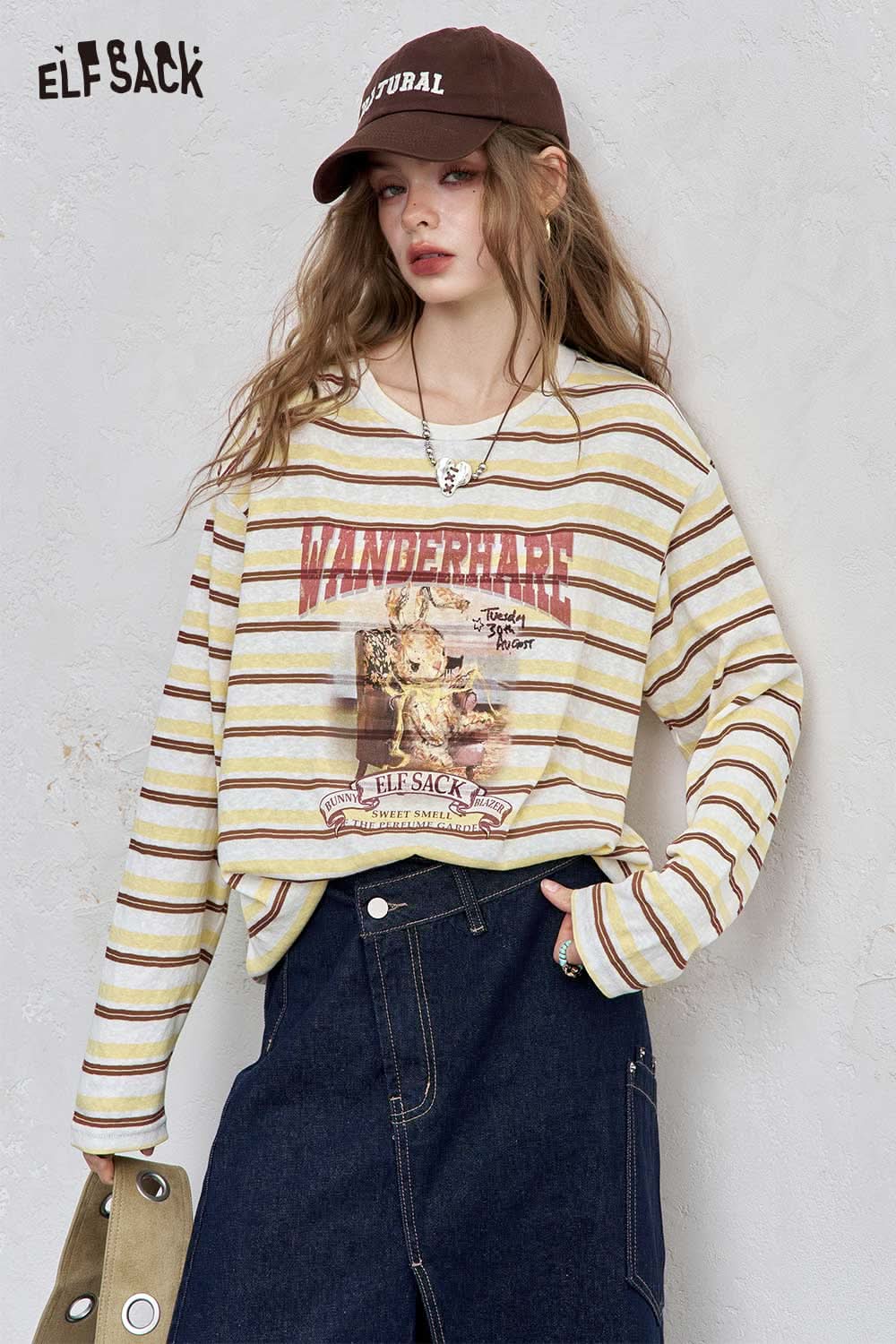 ELFSACK playful embroidered stripe shirt featuring a cute graphic design in yellow and white stripes