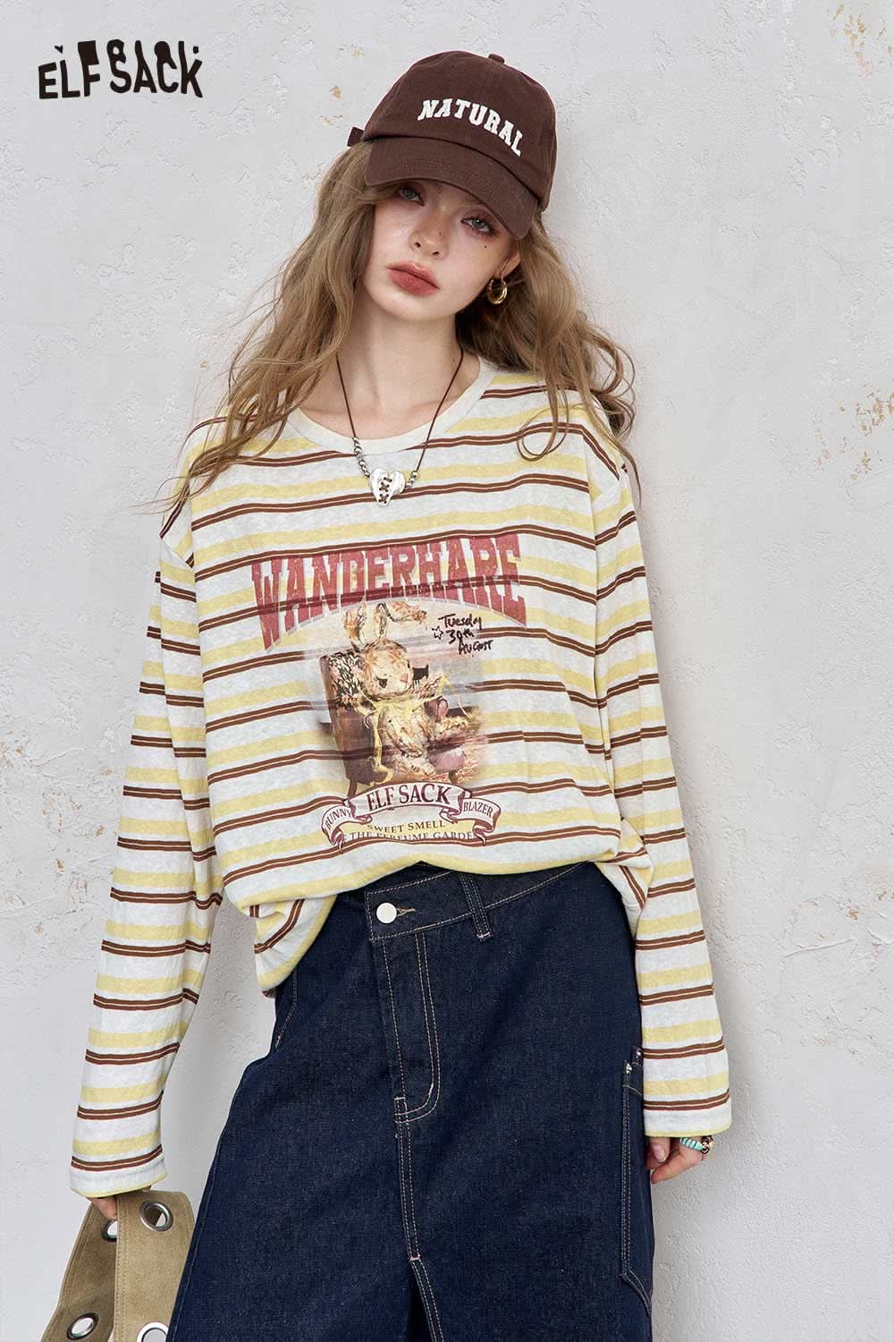 ELFSACK playful embroidered stripe shirt with vintage graphics and relaxed fit for casual wear
