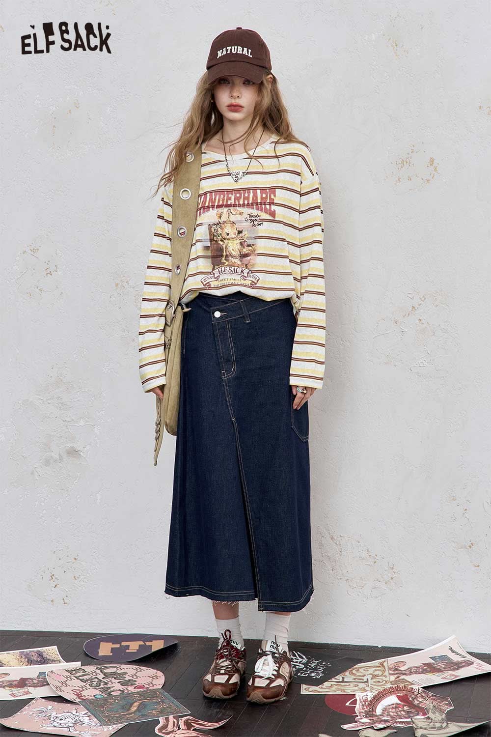 ELFSACK playful embroidered stripe shirt paired with a denim skirt for a trendy look