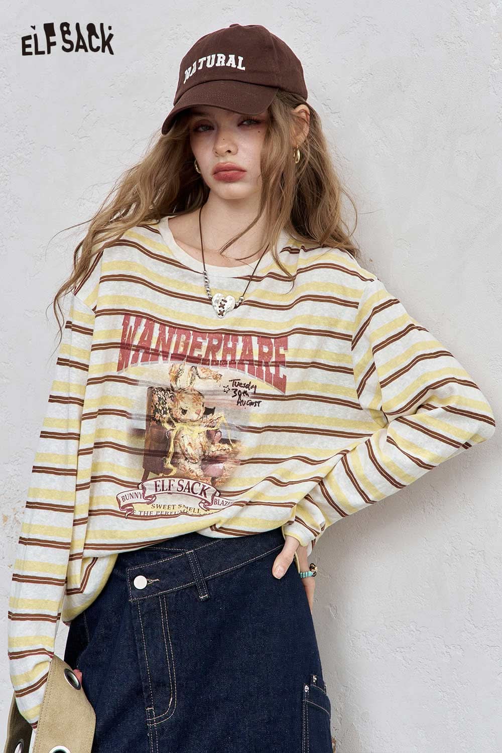 ELFSACK playful embroidered stripe shirt in yellow and white with graphic print and relaxed fit