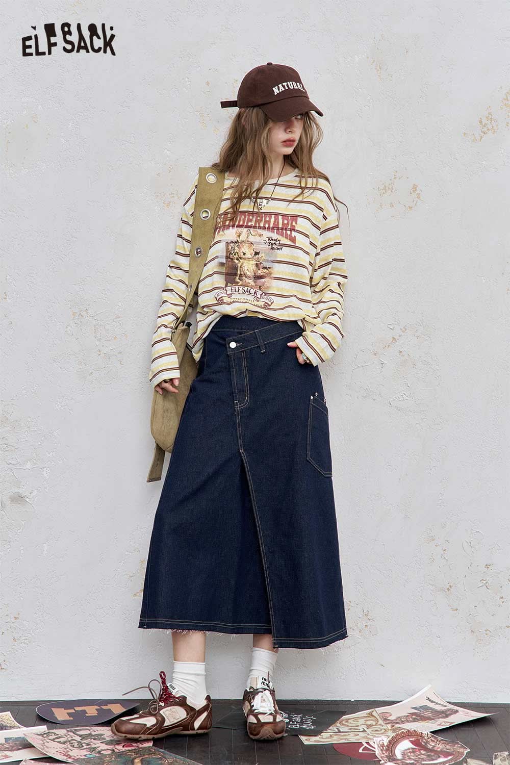 ELFSACK playful embroidered stripe shirt paired with a denim skirt, styled for a casual look