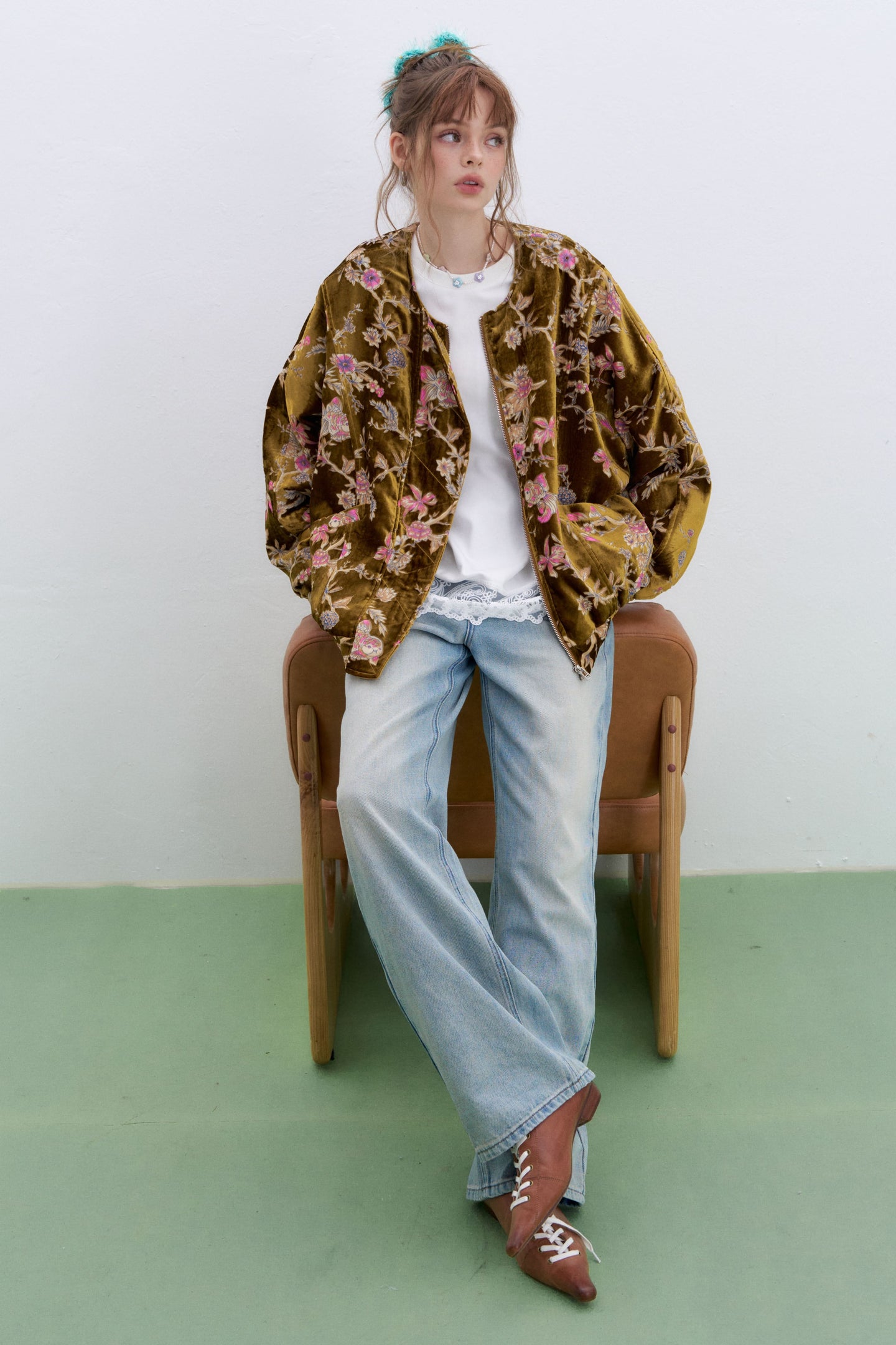 ELFSACK plus size floral velvet bomber jacket worn with a white shirt and relaxed jeans