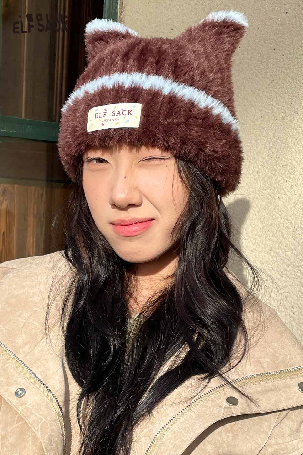 Cozy brown plush cat ear hat for women by ELFSACK with a playful design and soft texture