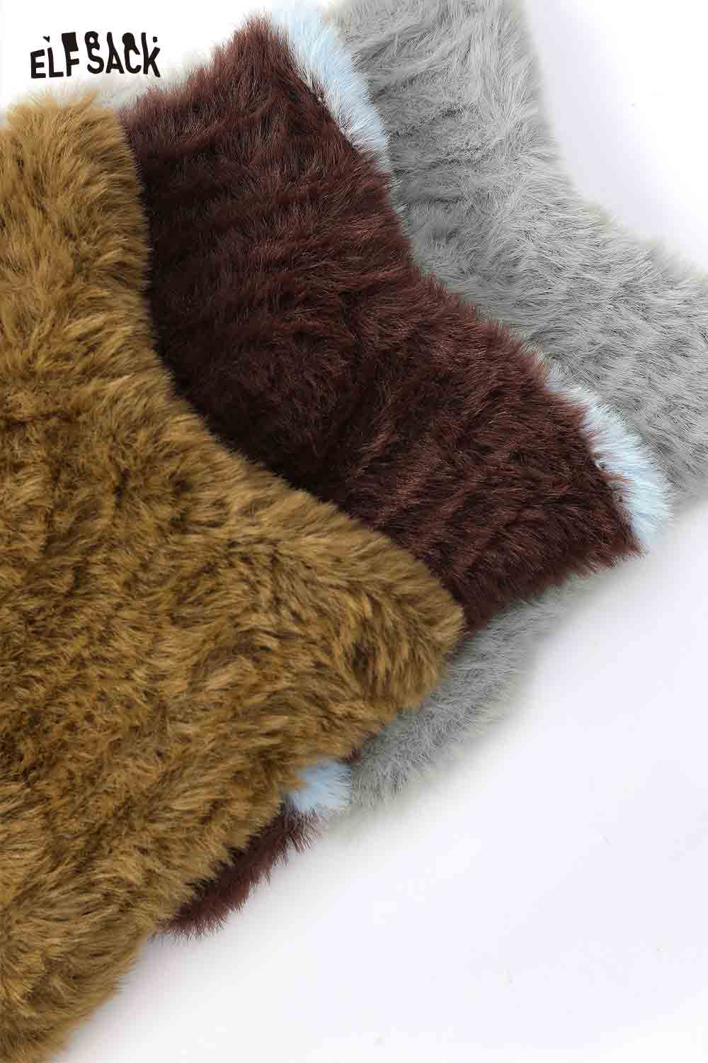 Cozy plush cat ear hat for women in brown, gray, and teal colors from ELFSACK