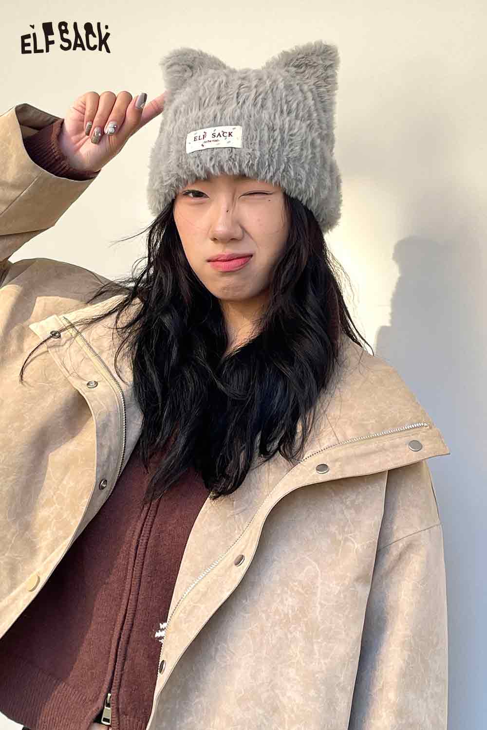 Cozy ELFSACK plush cat ear hat for women in gray, perfect for stylish winter outfits