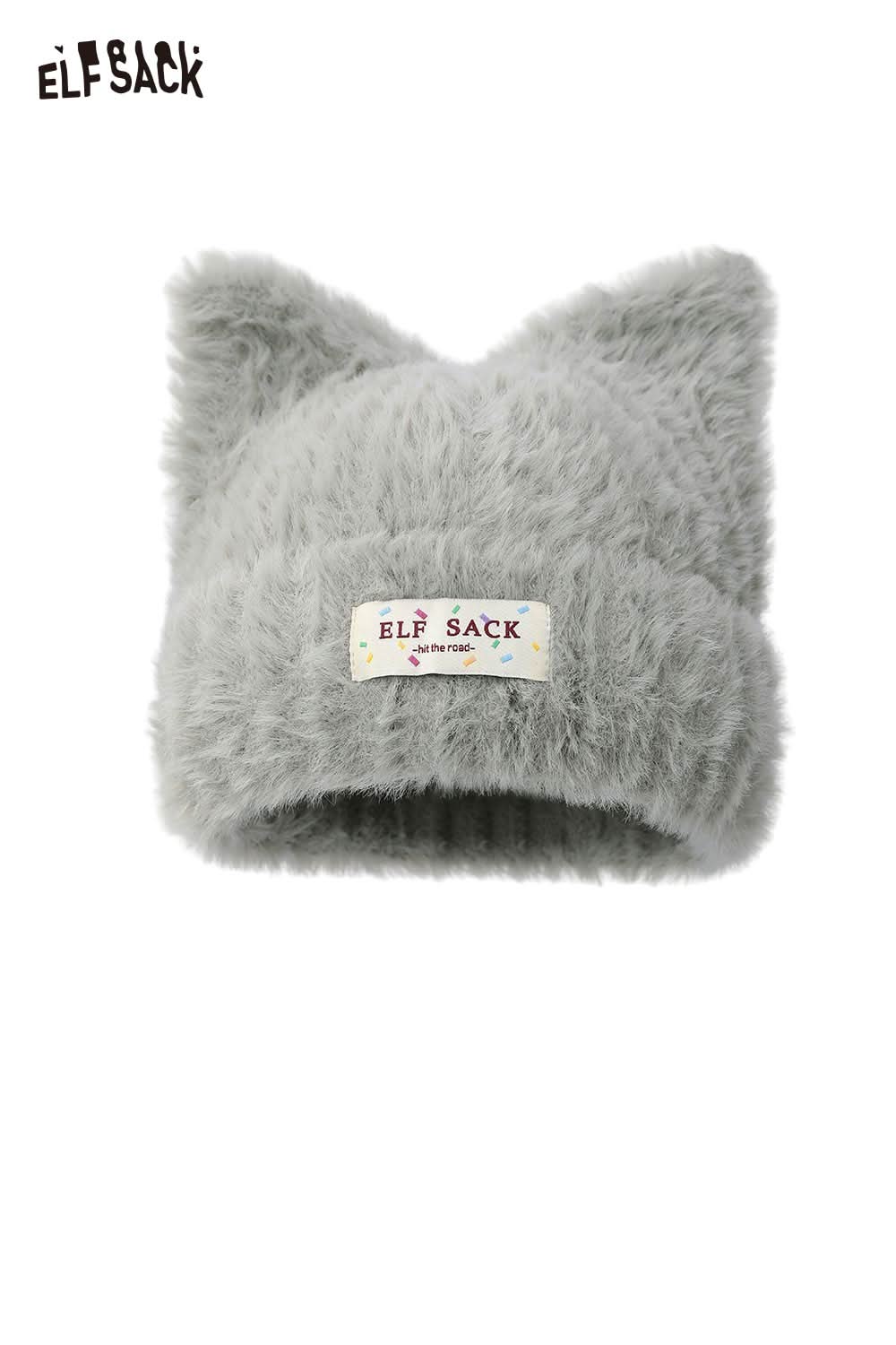 ELFSACK plush cat ear hat for women in soft gray fabric, perfect for cozy winter wear
